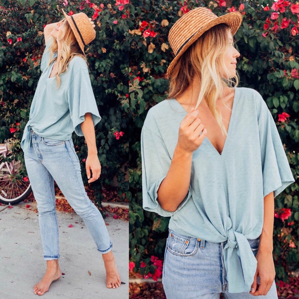Chambray Tie Front Short Sleeve Top